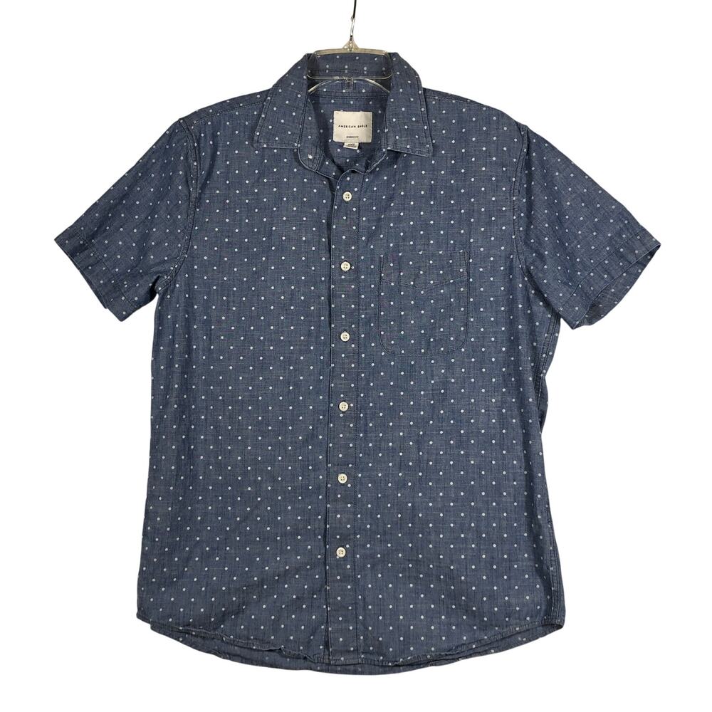 American Eagle Mens Shirt Size Medium Classic Fit Short Sleeve Blue Polka Dots